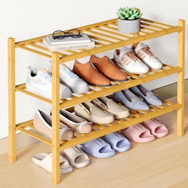Smiry Bamboo Shoe Rack for Closet, 3 Tier Wooden Stackable Shoe Organizer, Free Standing Shoes Storage Shelf for Entryway, Front Door Entrance, Natural - Image 1