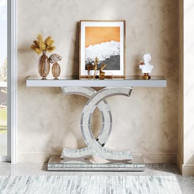 Tribesigns Mirrored Console Table, 39" Modern Silver Entryway Table with Sparkling Crystal Inlays, Glass Sofa Table with Mirror Finish for Entrance, Hallway, Living Room - Image 3