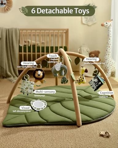Blissful Diary Baby Play Gym & Activity Mat, Oversize Leaf Shaped Baby Play Mat w 6 Detachable Toys, Tummy Time Mat Promote Motor Skills & Sensory Development Mat, Newborn Infant Baby Essentials Gift - Image 3