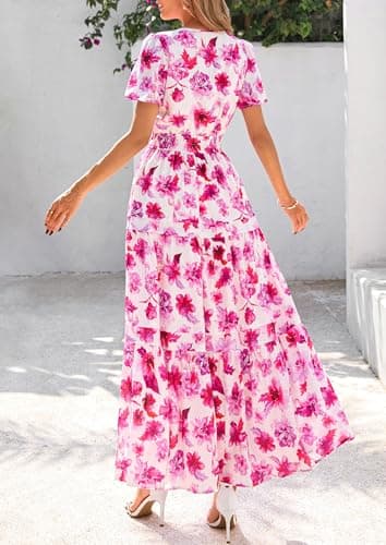 PRETTYGARDEN Women's 2025 Summer Boho Maxi Dresses Floral Short Sleeve V Neck A Line Tiered Flowy Long Beach Vacation Dress (White Pink Floral,Large) - Image 2