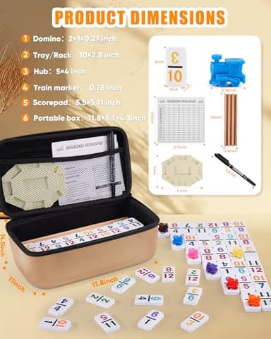 KAILE Mexican Train Dominoes Set with Numbers, Double 12 Dominoes Set with 4 Wooden Trays/Racks, 91 Tiles Colored Dominoes Train Games for Family Night, Travel, Party - Image 3