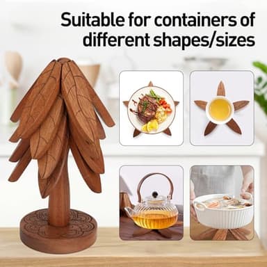 Wooden Tree Trivet Set,4 Wooden Trivets and 1 Stand,Trivets for Hot Pots and Pans, Foldable Kitchen Wooden Tree Coasters for Hot Bowl&Teapot,5 Gifts Set - Image 6
