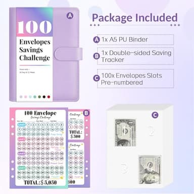 Sooez 100 Envelopes Money Saving Challenge, Savings Challenges Book with Envelopes & Challenge Tracker, Motivational Process to Save $5050, Money Saving Binder 100 Pocket Pre-numbered, Purple - Image 2