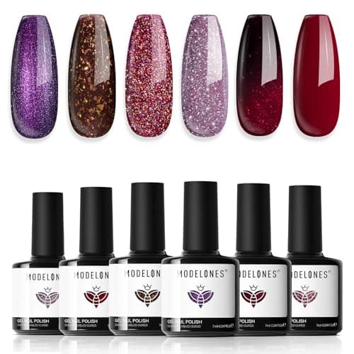 modelones Gel Nail Polish Set 6 Colors Red Burgundy Brown Purple Glitter Gel Nail Polish Color Changing Sparkle Shimmer Polish Kit Soak Off UV Nail Art DIY Salon Gifts For Women Girl - Image 1