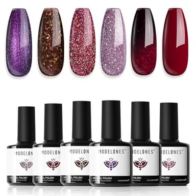 modelones Gel Nail Polish Set 6 Colors Red Burgundy Brown Purple Glitter Gel Nail Polish Color Changing Sparkle Shimmer Polish Kit Soak Off UV Nail Art DIY Salon Gifts For Women Girl - Image 1