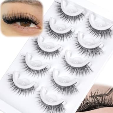 Self Adhesive Eyelashes Natural Look Press On Lashes No Glue Needed Wispy Reusable Self Adhesive Lashes without Eyeliner Clear Band Pre Glued Lashes Cat Eye Lashes Faux Mink Lashes 5 Pairs - Image 1