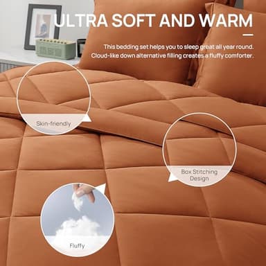 Love's cabin Twin XL Comforter Set Terracotta, 5 Pieces Twin XL Bed in a Bag, All Season Bedding Sets with 1 Comforter, 1 Flat Sheet, 1 Fitted Sheet, 1 Pillowcase and 1 Pillow Sham - Image 5