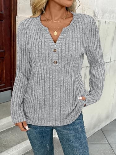 AUTOMET Women's Long Sleeve Henley Shirts Fall Lightweight Sweaters Dressy Casual Tunic Tops Fashion Clothes 2025 Grey XL - Image 6