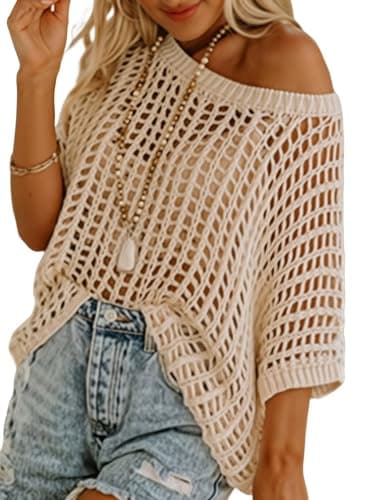 Dokotoo Womens Fashion Spring Summer Tops 2025 Short Sleeve Crochet Hollow Out Sweaters Scoop Neck Lightweight Thin Knit Pullover Apricot Large - Image 1