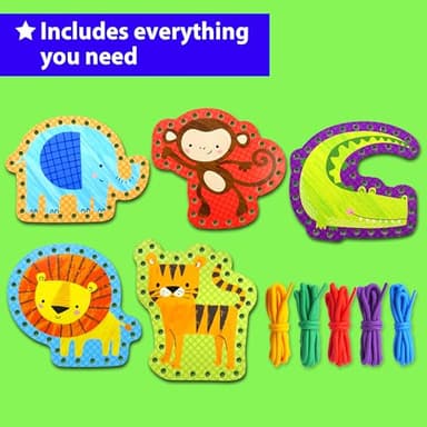 KRAFUN Beginner Preschool Lacing Card Kit for Kids Arts & Crafts, 5 Easy Safari and Animal Lacing Projects, Paper Craft Cards for Toddlers, Fine Motor Skills Training Toys - Image 2