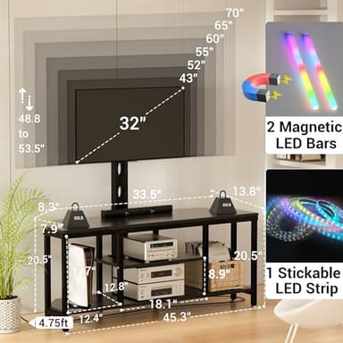 Corner TV Stand with Mount LED - Universal TV Mount Stand for 32-65" TV, Height Adjustable Swivel TV Console Wood & Steel Entertainment Center with Mount, Cabinet, Power Outlet, Colorful Light, Black - Image 6