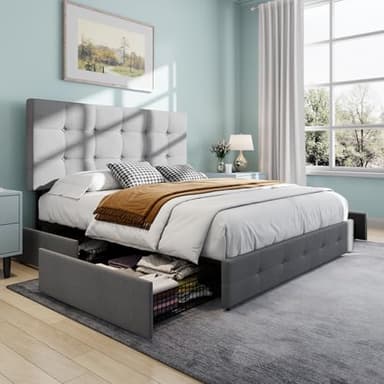 SHA CERLIN Upholstered Full Size Platform Bed Frame with 4 Storage Drawers, Adjustable Headboard with Square Stitched Button Tufted Design, Wooden Slat Support, No Box Spring Needed, Light Grey - Image 8