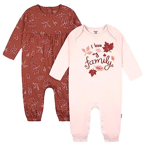 Gerber Baby Girls' 2-Pack Long Sleeve Jumpsuit, Pink Leaves, 0-3 Months - Image 1
