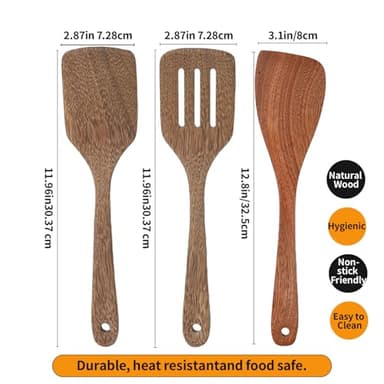 3 Pack Wooden Spatula for Cooking 12 Inches Paddle, Turner, Slotted Spatula, Cooking Utensils for Nonstick Cookware, Kitchen for Fish, Eggs, Pancakes - Image 3