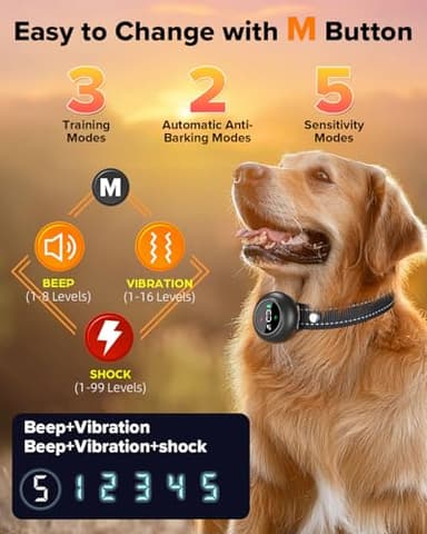 XDX 2-in-1 Dog Shock Collar & Bark Collar – 3300FT Dog Training Collar with Remote, Automatic Anti-Barking, 5 Adjustable Sensitivity Levels, IP67 Waterproof E-Collar for Small Medium Large Dogs - Image 3