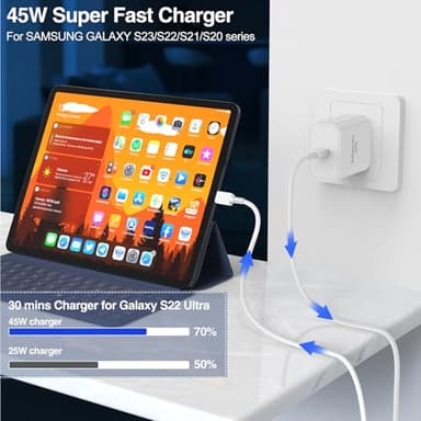 𝟐𝐏𝐚𝐜𝐤 45W Super Fast Charger Type C, For Samsung Galaxy S25 S24 Charger Block with 10FT Type C Charging Cord for Samsung Galaxy S25 S24 S23 /Ultra/S22/S21/S20, iPhone 16/15 Pro,Pro Max,Plus-White - Image 3
