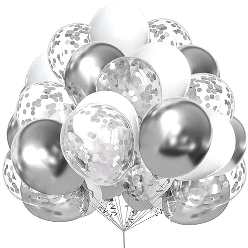 AULE Metallic Silver White Confetti Balloons 12 inches 60 Pack Premium Latex Balloons with Silver Ribbons for Birthday Decorations - Image 1