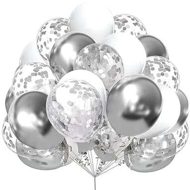 AULE Metallic Silver White Confetti Balloons 12 inches 60 Pack Premium Latex Balloons with Silver Ribbons for Birthday Decorations - Image 1