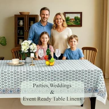 CPC Tablecloth 100% Cotton 70x118 Inch Indian Block Print Rectangle Table Cover, Washable Table Cloth for Weddings, Spring/Summer, Barbeque - Poppy Blue - Image 3