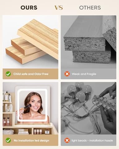 LIVELYGLOW Small Makeup Vanity Desk with Lighted Mirror, Wooden, 23.62" W x 15.74" D x 53.93" H (Smart LED Mirror, Open Shelves, 2 Drawers) - Image 6