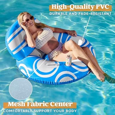Sloosh Inflatable Pool Floats Lounger - Pool Floaties Blow Up Air Sofa Floating Chair with Big Backrest, Heavy Duty River Tubes Summer Lake Beach Water Float Raft Floaty for Adults (Blue White) - Image 5