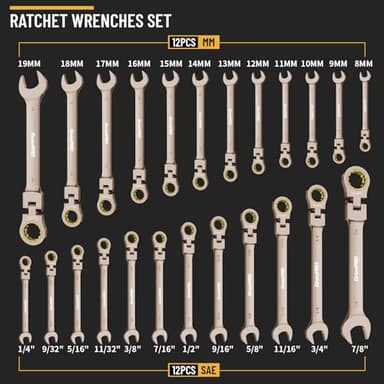 GRENPRO Wrench Set, Ratchet Wrenches Set, 25PC Flex-Head Ratcheting Wrench Set SAE&Metric and Standard 1/4" to 7/8"&8-19mm with Gauge Organizer, 72 Tooth Mechanic Tool Open End Combination Wrench Sets - Image 2