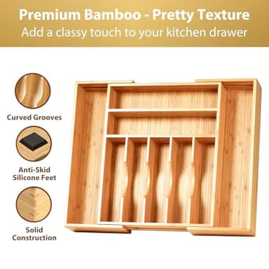 Umilife Large Expandable Kitchen Silverware Utensils Drawer Organizer, 2.5" Extra High Adjustable Drawer Divider with Curved Grooves, Bamboo Wood Cutlery Tray Flatware Holder - Image 3