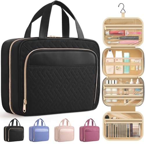 HOTOR Travel Toiletry Bag for Women & Men, Waterproof Makeup Bag with Hanging Hook and Multiple Pockets, Cosmetic Bags for Women, Travel Essentials, 11.2'' x 3.2'' x 8.9'', Black - Image 1