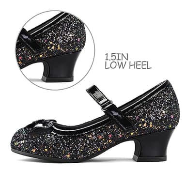 K KomForme Girl's Dress Shoes Mary Jane Glitter 1.5 in Low Heel Wedding Party Princess Shoes for Toddler/Little/Big Kids Black - Image 4