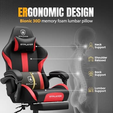 GTRACING Gaming Chair with Foot Rest & Pocket Spring Cushion, Ergonomic High Back Computer Chair with Headrest & 360°-Swivel Seat for Home Office Desk, PU Leather, Red - Image 5
