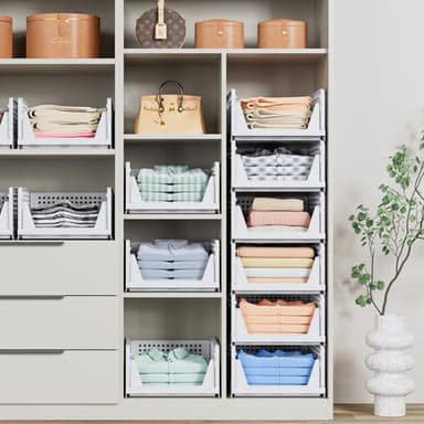 4 Pack Stackable Closet Storage Basket - Stackable Storage Bins, Multifunctional & Foldable Closet Organizer, Wardrobe Cupboard Space-Saving Clothes Storage Hat Organizer, White - Image 6