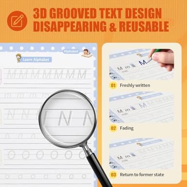 Upgraded Large Size Magic Practice Copybook for Kids, Reusable Grooved Handwriting Practice Book for Preschool Kids Age 3-8 Calligraphy with Catus Pens & Storage Bag (5PCS 7.3 * 10.3 inch) - Image 4