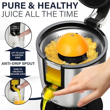Eurolux Premium Electric Orange Juicer | Stainless Steel Citrus Squeezer With New Ultra-Powerful Motor and Soft Grip Handle for Effortless Juicing, Auto Shutoff, Dishwasher-safe Parts, Pulp Control - Image 3