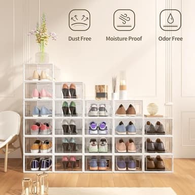 12 Pack X Large Shoe Organizer Storage Boxes for Closet, Modular Space Saving Shoe Boxes Clear Plastic Stackable Sneaker Containers Display Case with Lids, Pearl White - Image 2