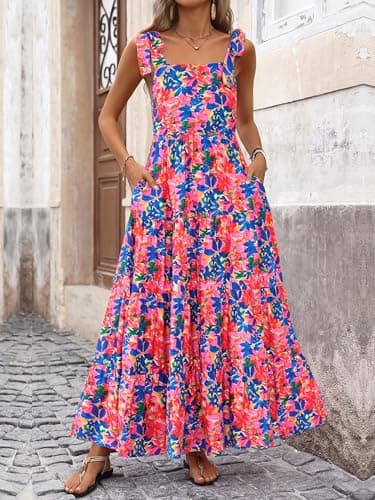 PRETTYGARDEN Womens Dresses 2025 Summer Floral Sleeveless Maxi Dress Casual Spaghetti Strap Tiered Flowy Beach Long Dress(Blue Pink,X-Large) - Image 4