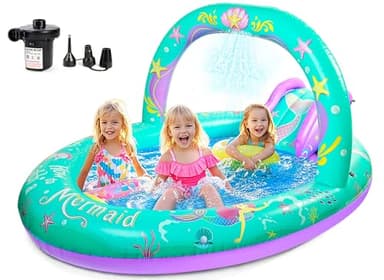 SULIFEEL Mermaid Inflatable Play Center Kiddie Pool with Slide and Sprinkler for Children, 96''x59''x39'' Baby Pool for Backyard and Garden, Free Inflatable Pump - Image 1