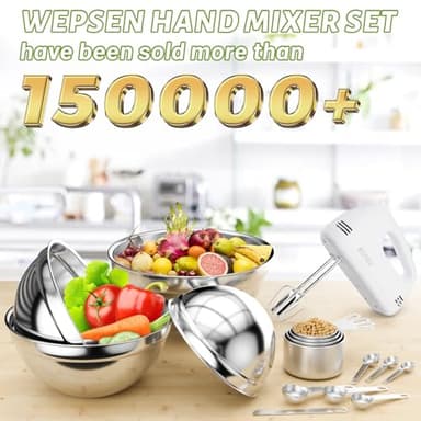 WEPSEN Hand Mixer Electric Mixing Bowls Set, 5 Speeds Handheld Mixer with 4 Nesting Stainless Steel Mixing Bowl, Measuring Cups Spoons 200W Kitchen Blender Whisk Beater Baking Supplies For Beginner - Image 2