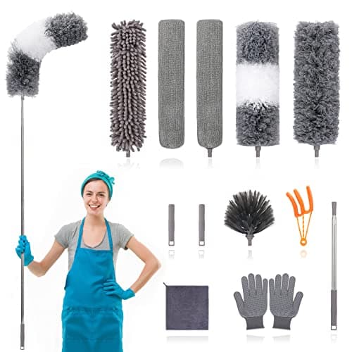 12pcs Microfiber Dusters, Duster with Extension Pole(Stainless Steel) 30 to 100'', Washable Dusters, Bendable Extendable Long Feather Duster for Cleaning Fan, High Ceiling, Blinds, Furniture, Cars - Image 1