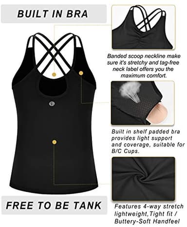 RUNNING GIRL Yoga Tank Tops for Women Built in Shelf Bra B/C Cups Strappy Back Activewear Workout Compression Tops (BX2366 Black.CN:L,US:M) - Image 6