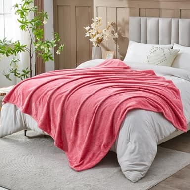 NEWCOSPLAY Super Soft Queen Blanket Coral Pink Premium Silky Flannel Fleece Leaves Pattern Lightweight Bed Blanket All Season Use (Coral Pink, Queen(90"x90")) - Image 1