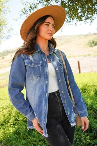 Dokotoo Women's Jean Jacket Frayed Washed Button Up Denim Jacket Shackets Fall Outfits Oversize Vintaged Casual Fashion Long Sleeve Denim Shirts for Women Boyfriend Jean Jackets for Women Blue L - Image 5