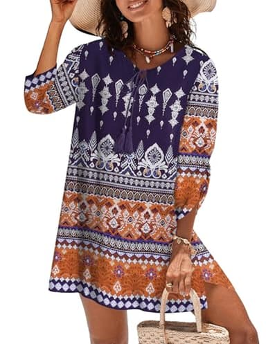 Zeagoo Women's Half Sleeve Floral Print Retro V Neck Tassel Bohemian Midi Shift Dress Holiday Beach Dresses Tunic Sun Dress Navy XL - Image 2