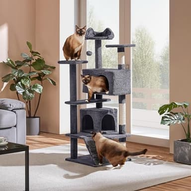 Yaheetech 54in Cat Tree, Multi-Level Cat Tower with Spacious Kitten-ear Perch, 2 Cozy Caves, Scratching Posts, Climbing Ladder, 2 Plush Balls, Durable Pet House Furniture for Indoor Kittens, Dark Gray - Image 2
