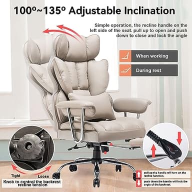 Efomao Big and Tall Office Chair 400lbs – PU Leather Executive Office Chair with Lumbar Support & Leg Rest, Heavy-Duty Computer Chair for Home Office, Grey - Image 3