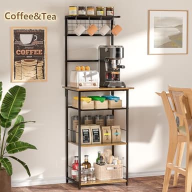 5 Tier Coffee Bar Station, Kitchen Stand with 4 S-Shaped Hooks, Farmhouse Corner Coffee Bar Cabinet for Small Spaces, Bakers Rack for Kitchen, Entryway, Living Room, 13.43" D x 18.93" W x 53.31" H - Image 7