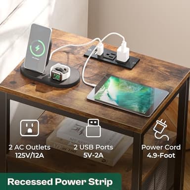 Huuger Nightstand with Charging Station, Side Table with Fabric Drawers, End Table with Open Shelf, Bedside Table with USB Ports and Outlets, Night Stand for Bedroom, Rustic Brown and Black - Image 3