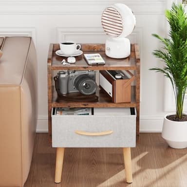 LUCKNOCK Night Stand with Drawer, Mid Century Modern Bedside Table, Sturdy Wood Nightstand with Open Storage Shelf, Small Bedside Table for Bedroom, Kids Room & Small Spaces, Rustic Brown. - Image 2