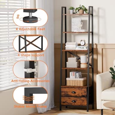 Furologee 5-Tier Ladder Shelf with 2 Drawers,Narrow Bookshelf Storage Shelves,Industrial Bookcase Freestanding Rack Units for Bedroom,Living Room,Bathroom,Home Office,Balcony,Wood Metal,Rustic Brown - Image 4