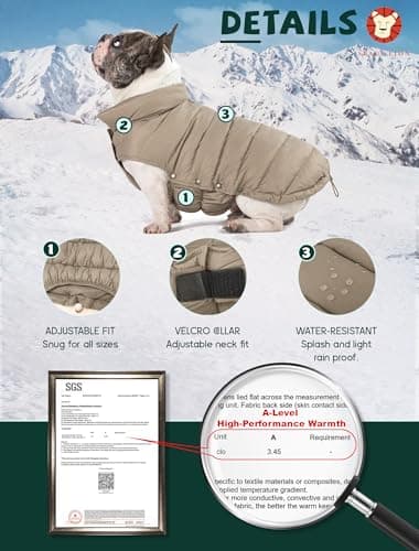 SPACE LION Dog Puffer Jacket, Down Winter Coat, Durable Outdoor Coat for Cold and Windy Conditions, Waterproof, Lightweight Jacket, Adjustable Fit for Small, Medium, Large Dogs(Khaki,8/XS) - Image 4