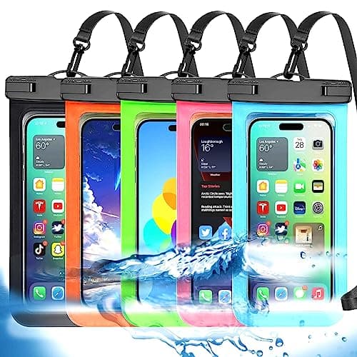 Famoby Up to 8.3" 5 Pack Multicolor Universal Waterproof Phone Pouch, Phone Waterproof Case Dry Bag,Protection Level: IP68,Outdoor Sports for Apple iPhone,Samsung,and More,Black,Blue,Pink,Orange,Green - Image 1